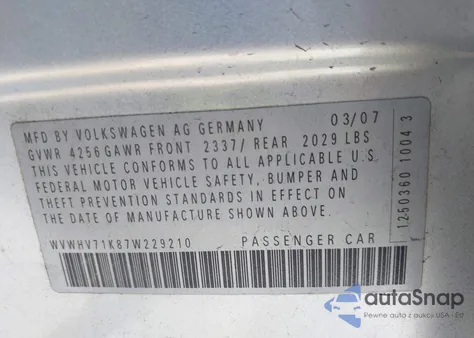 2007 Volkswagen Gti 4-Door из США, поврежденный, VIN WVWHV71K87W229210